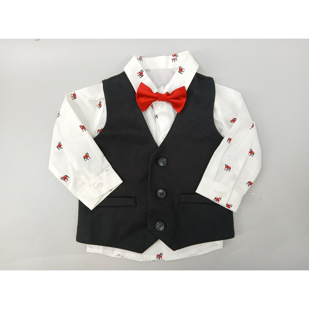 Wonder Nation Formal 3pc Set Vest Dress Shirt Bowtie Baby Boy 12M Bulldog Print
